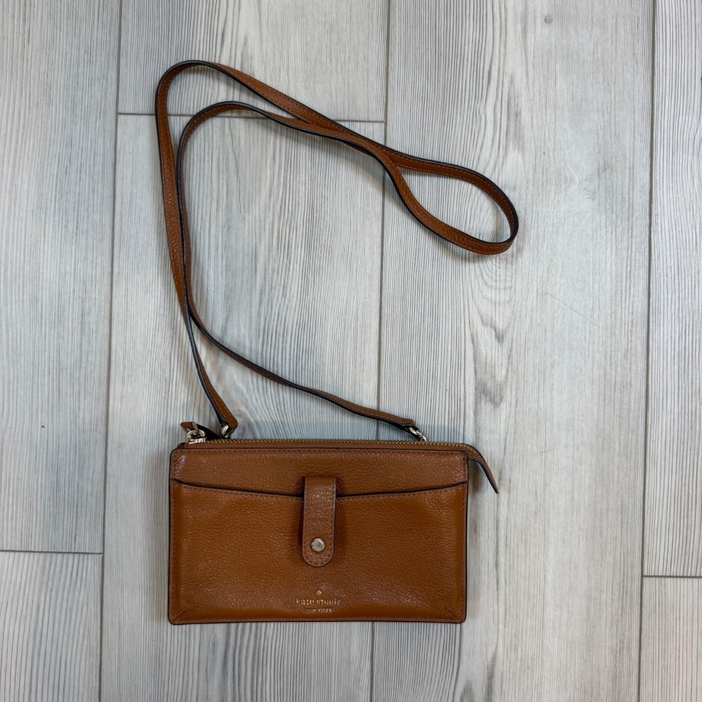 Kate Spade New York Pebbled Leather Crossbody Wallet Bag Cognac Brown Gold